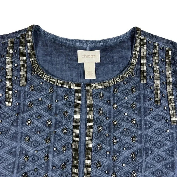 Chicos Blue Studded Beaded Embroidered Eyelet Cardigan Jacket Size 1 US Medium - Picture 3 of 8